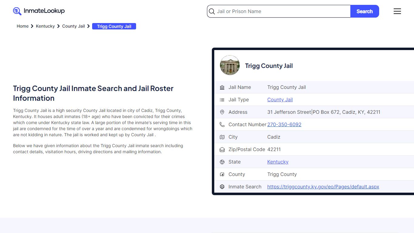 Trigg County Jail Inmate Search and Jail Roster Information - Inmate Lookup